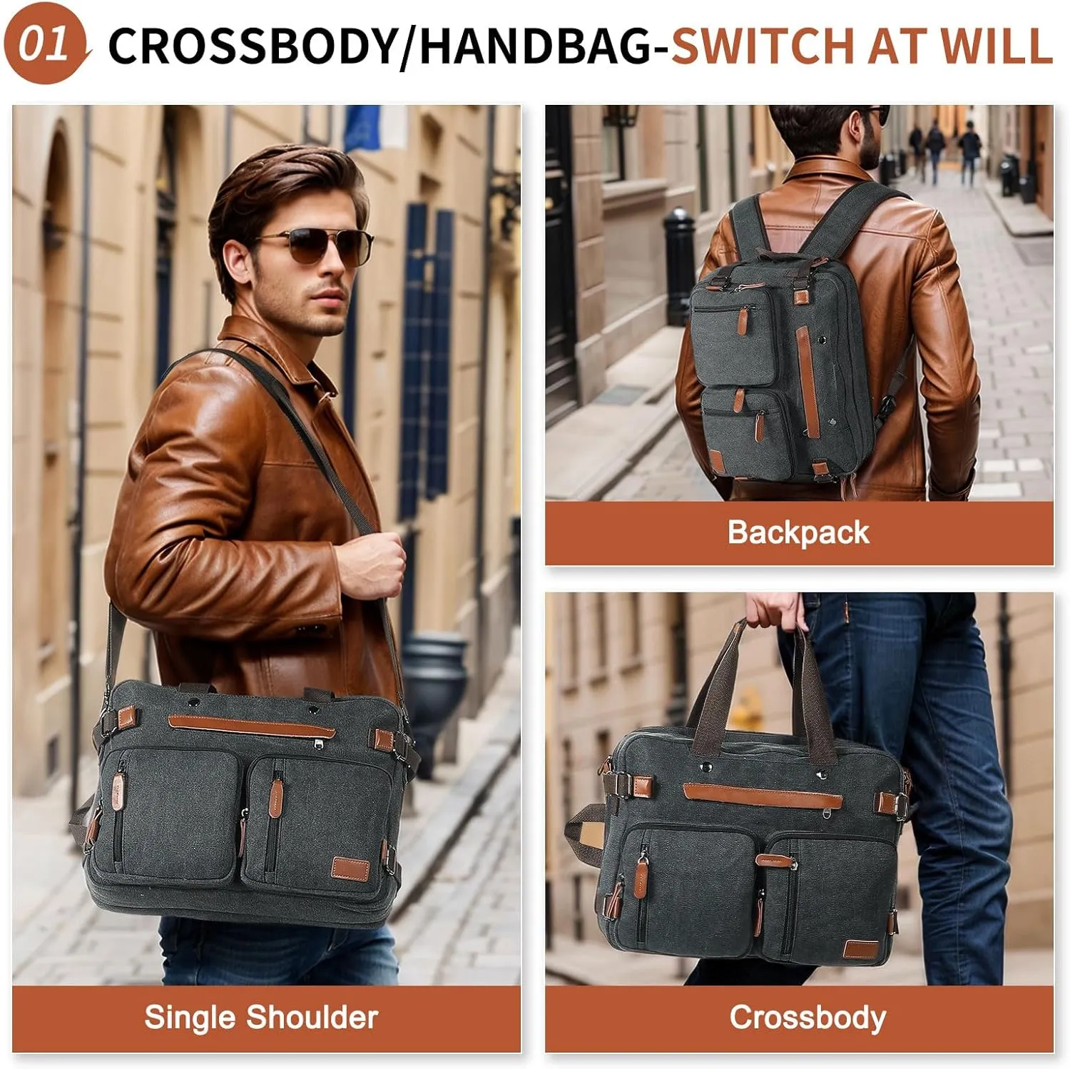 Canvas Laptop Backpack for Men, Versatile 3-in-1 Design and Pockets for Organized Storage