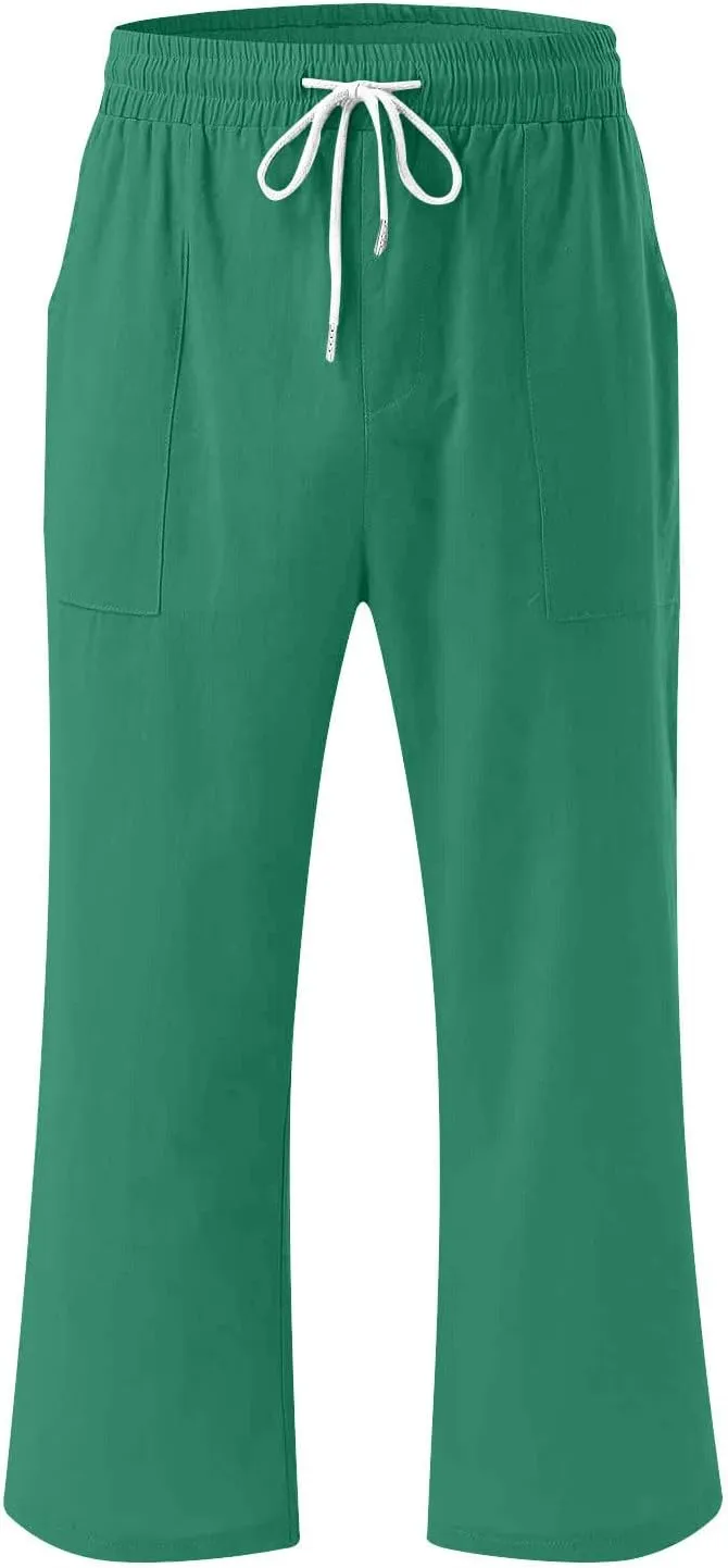 Capri Pants for Women Casual Summer Drawstring Capris Linen Pants Pockets Beach Straight Wide Leg Cropped Trousers