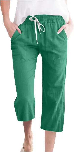 Capri Pants for Women Casual Summer Drawstring Capris Linen Pants Pockets Beach Straight Wide Leg Cropped Trousers