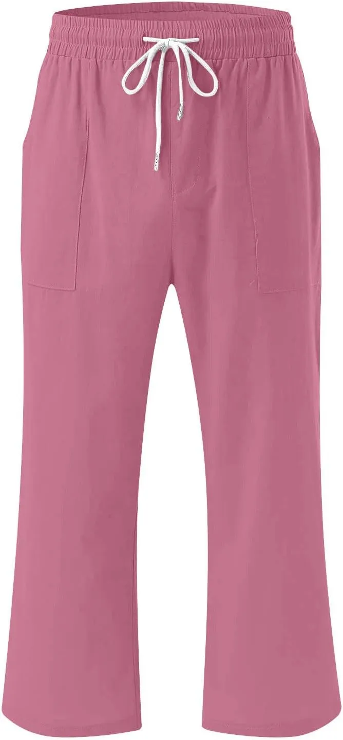 Capri Pants for Women Casual Summer Drawstring Capris Linen Pants Pockets Beach Straight Wide Leg Cropped Trousers