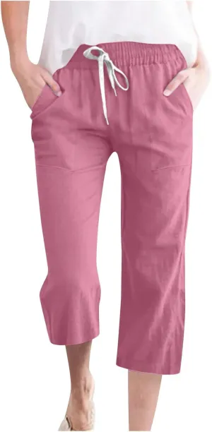 Capri Pants for Women Casual Summer Drawstring Capris Linen Pants Pockets Beach Straight Wide Leg Cropped Trousers