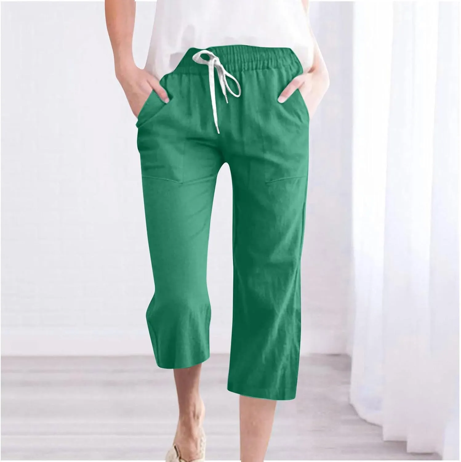 Capri Pants for Women Casual Summer Drawstring Capris Linen Pants Pockets Beach Straight Wide Leg Cropped Trousers