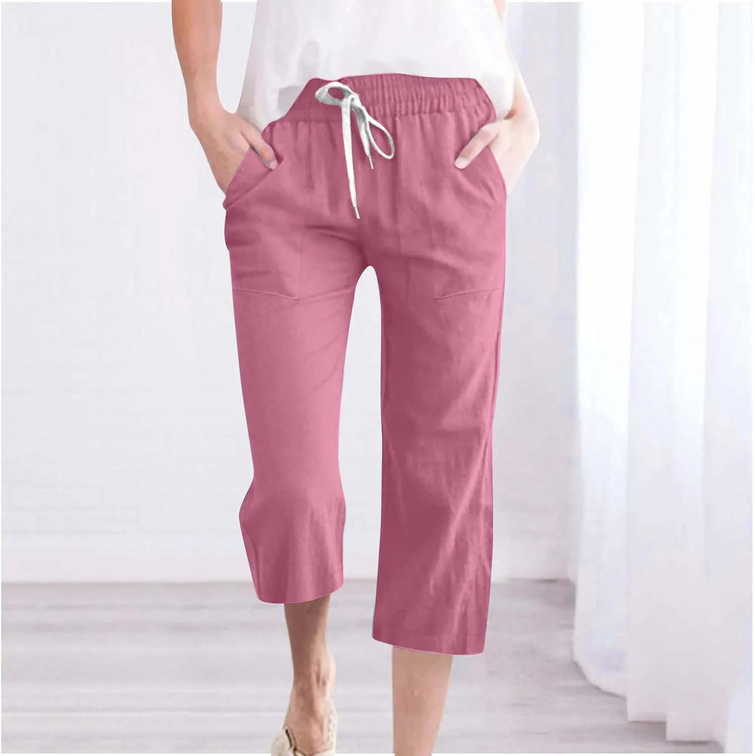 Capri Pants for Women Casual Summer Drawstring Capris Linen Pants Pockets Beach Straight Wide Leg Cropped Trousers