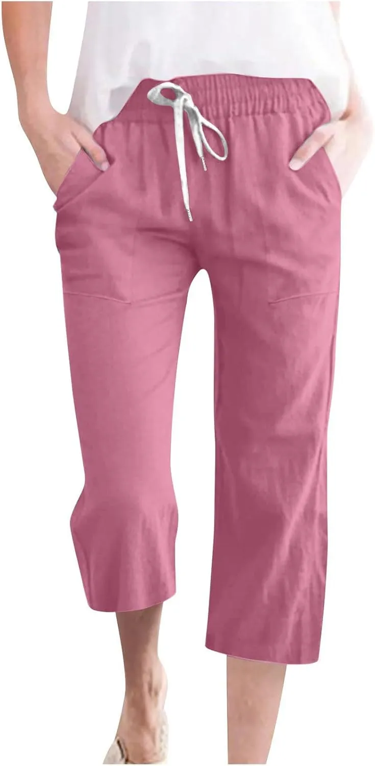 Capri Pants for Women Casual Summer Drawstring Capris Linen Pants Pockets Beach Straight Wide Leg Cropped Trousers