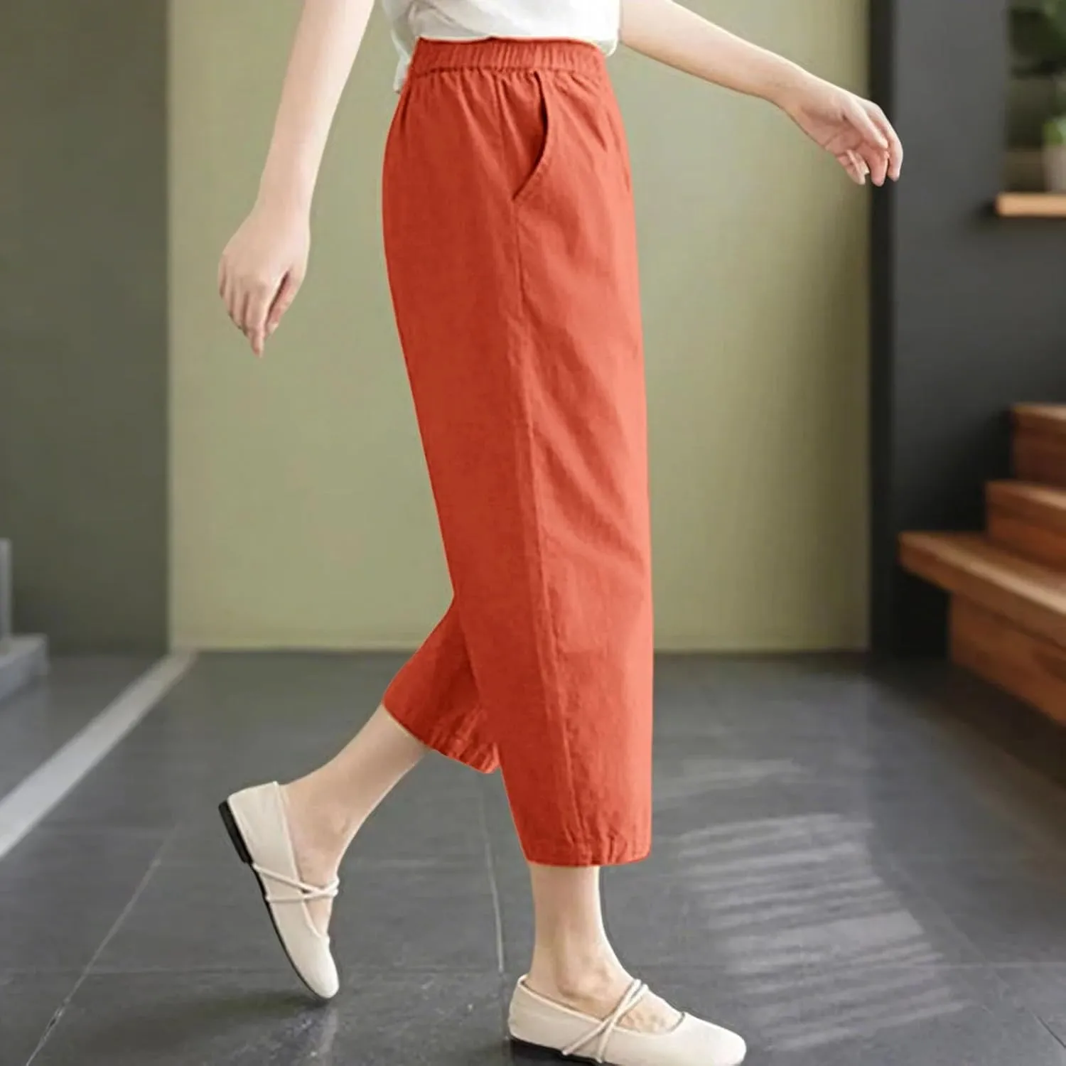 Casual Pants for Women 2025 Summer Linen Elastic Waist Capri Trousers Lightweight Breathable Hiking Pants with Pocket