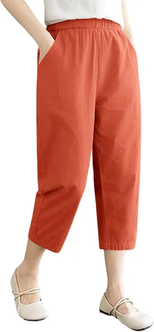 Casual Pants for Women 2025 Summer Linen Elastic Waist Capri Trousers Lightweight Breathable Hiking Pants with Pocket