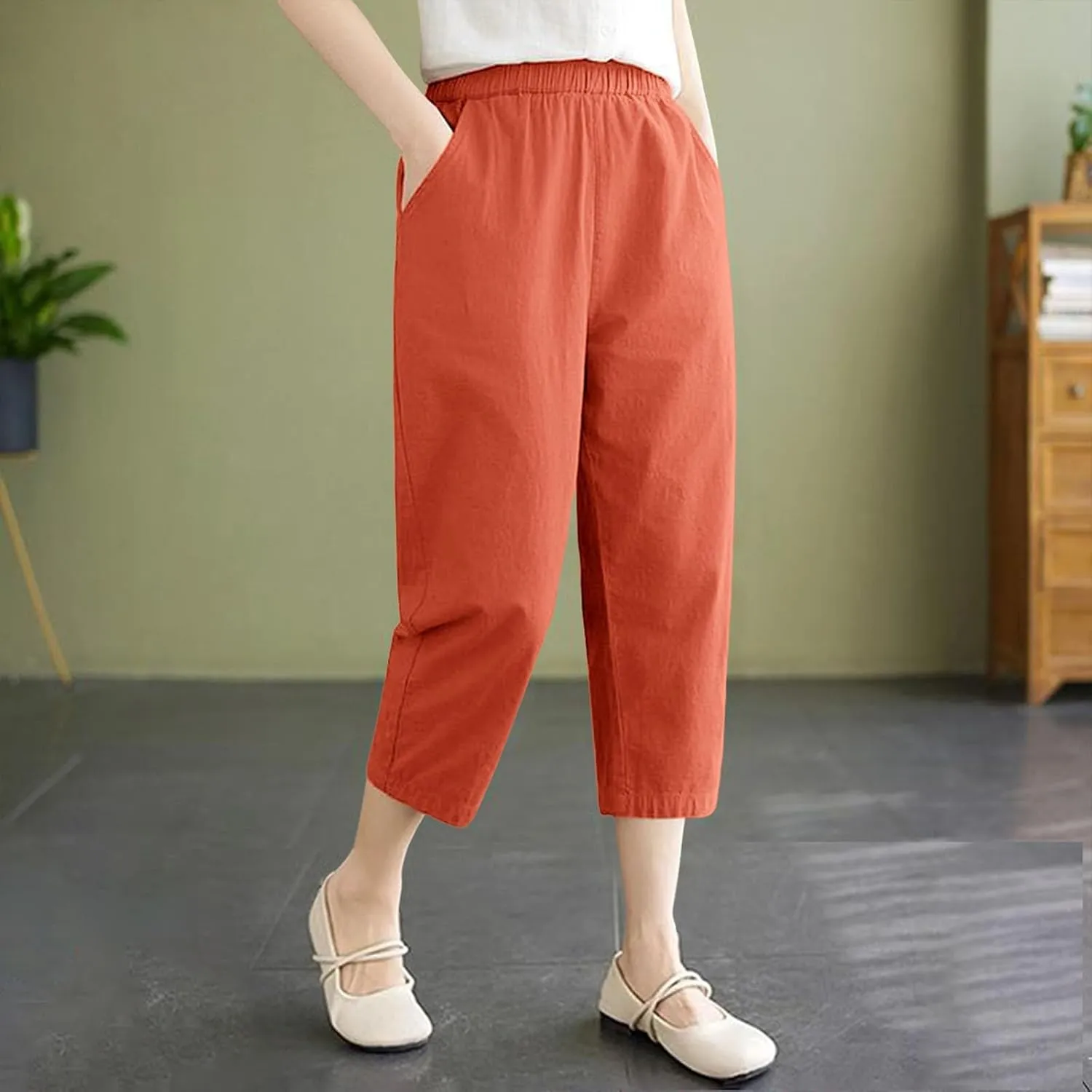 Casual Pants for Women 2025 Summer Linen Elastic Waist Capri Trousers Lightweight Breathable Hiking Pants with Pocket