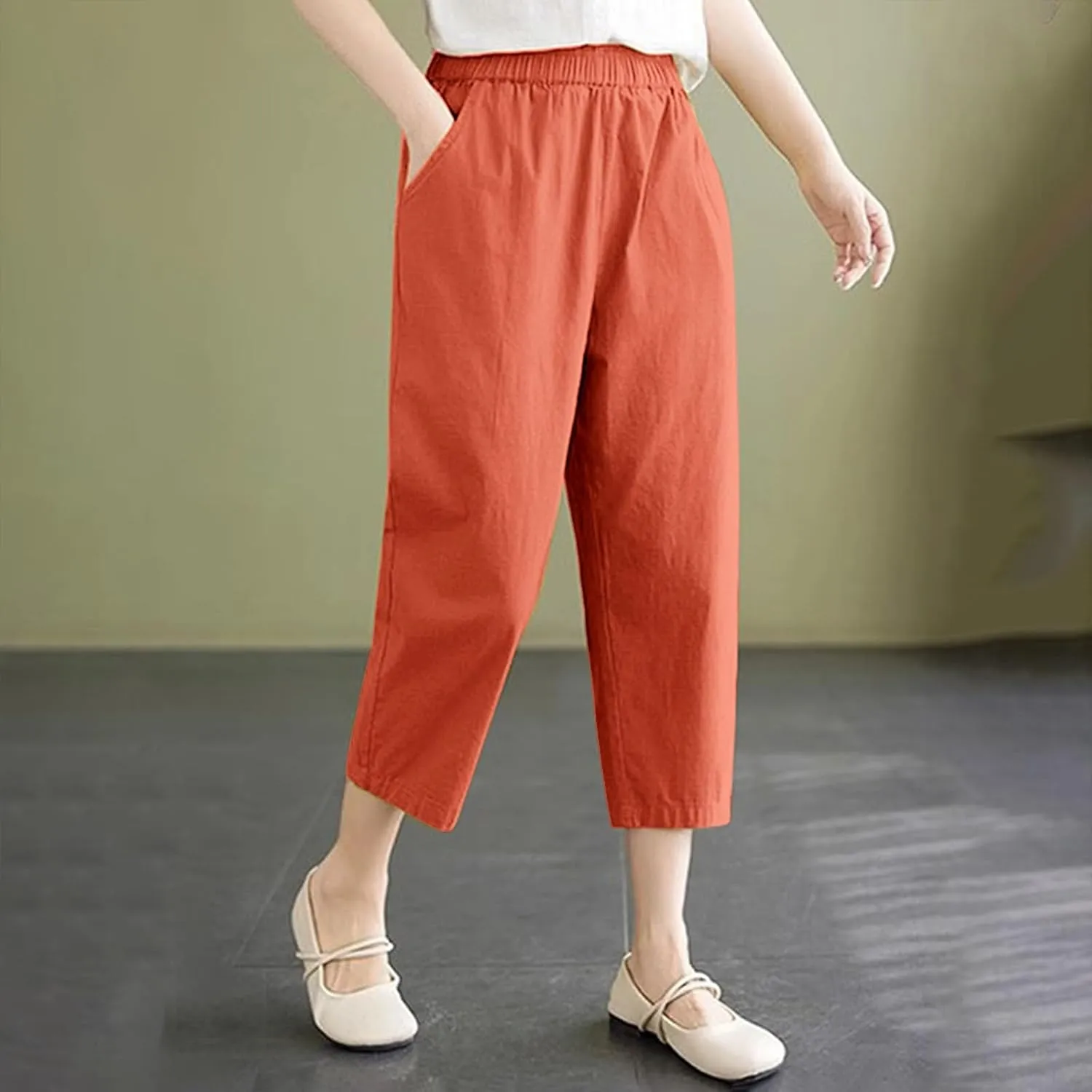 Casual Pants for Women 2025 Summer Linen Elastic Waist Capri Trousers Lightweight Breathable Hiking Pants with Pocket