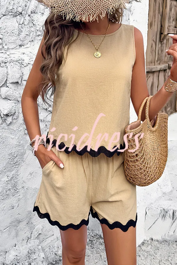 Casual Wavy Edge Buttoned Elastic Waist Shorts Set