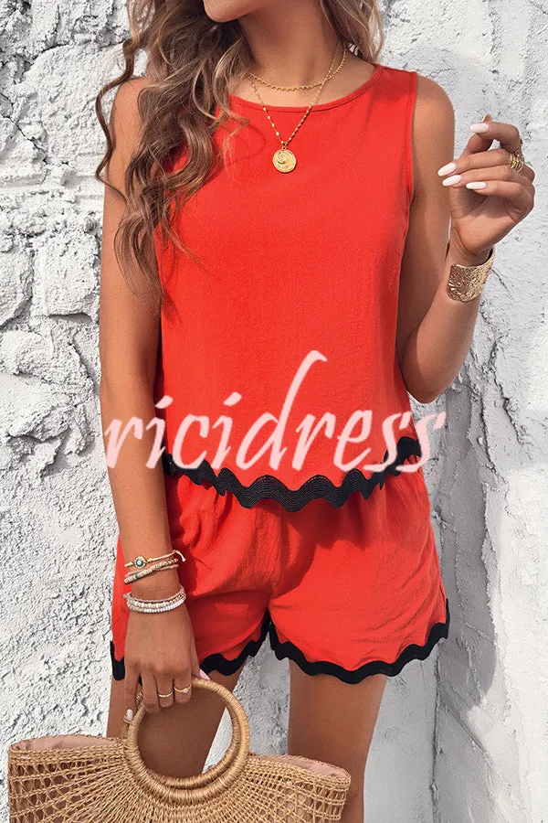 Casual Wavy Edge Buttoned Elastic Waist Shorts Set
