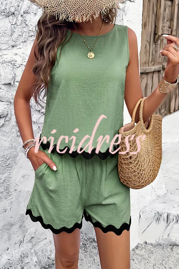 Casual Wavy Edge Buttoned Elastic Waist Shorts Set