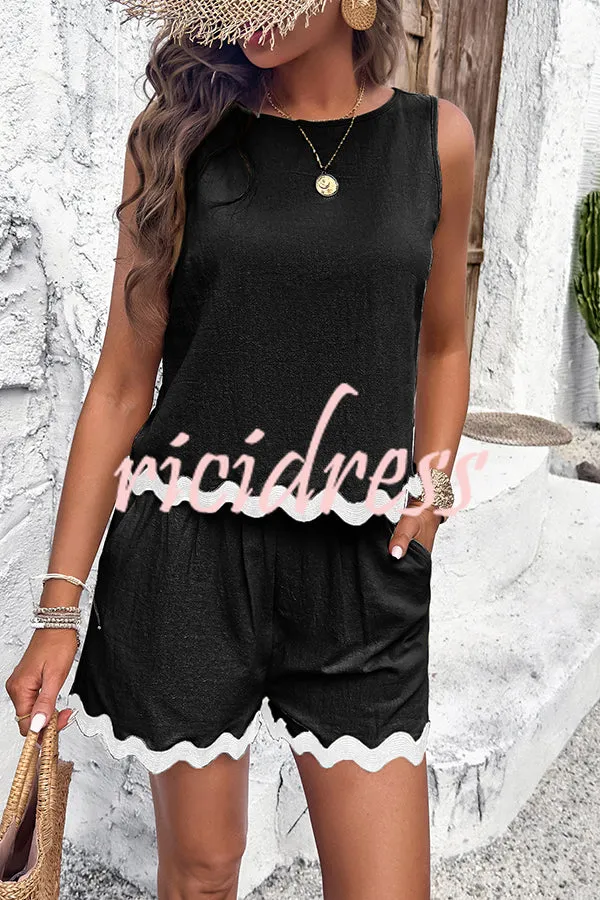 Casual Wavy Edge Buttoned Elastic Waist Shorts Set