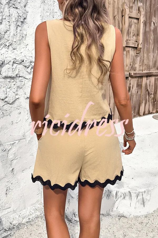 Casual Wavy Edge Buttoned Elastic Waist Shorts Set