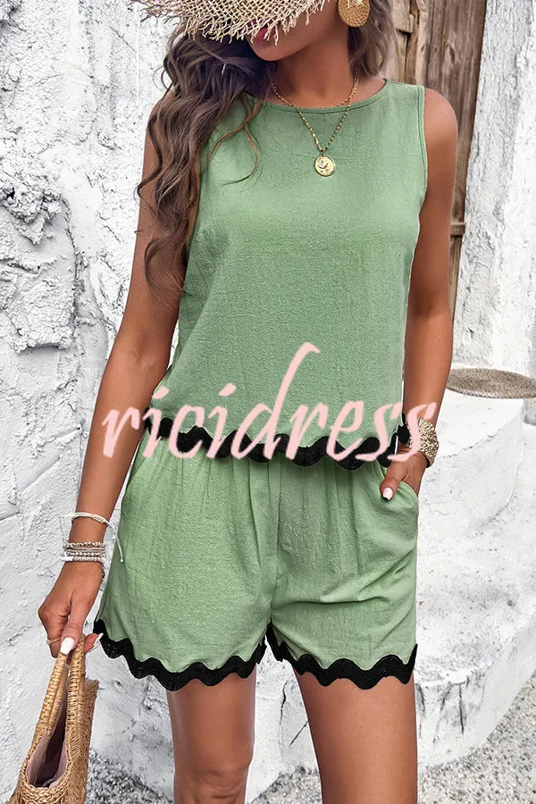 Casual Wavy Edge Buttoned Elastic Waist Shorts Set