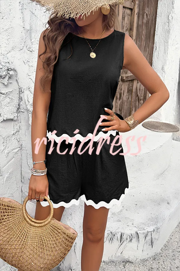 Casual Wavy Edge Buttoned Elastic Waist Shorts Set