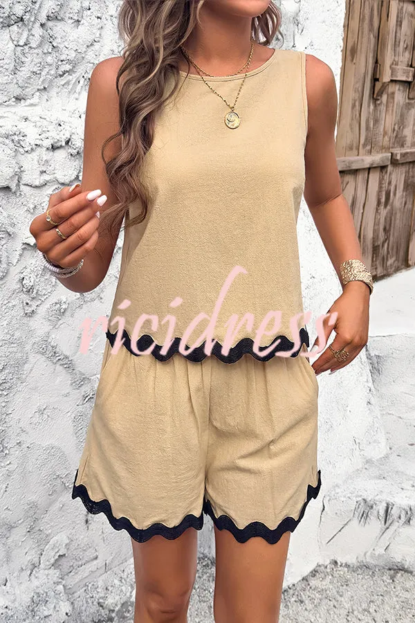 Casual Wavy Edge Buttoned Elastic Waist Shorts Set