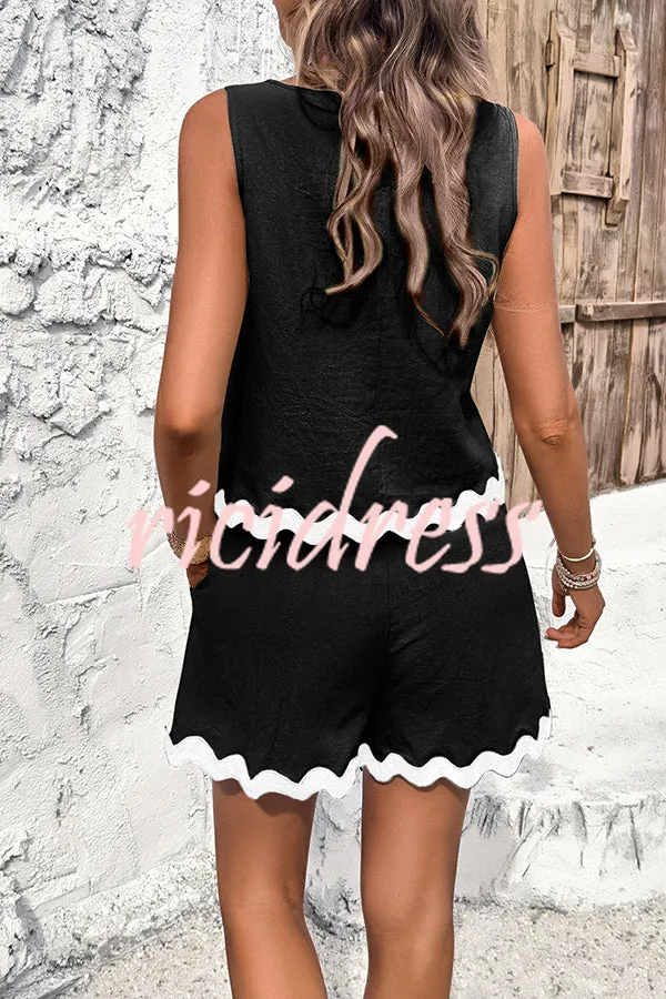 Casual Wavy Edge Buttoned Elastic Waist Shorts Set