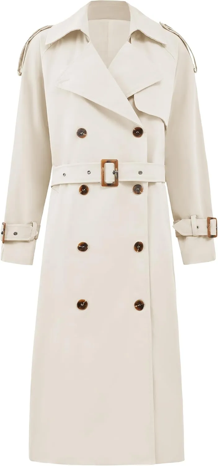 Cicy Bell Womens Long Trench Coat Double Breasted Classic Lapel Fall Overcoat with Belt