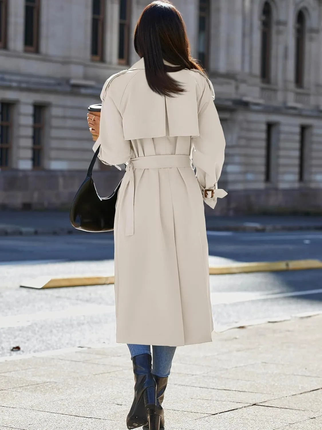 Cicy Bell Womens Long Trench Coat Double Breasted Classic Lapel Fall Overcoat with Belt