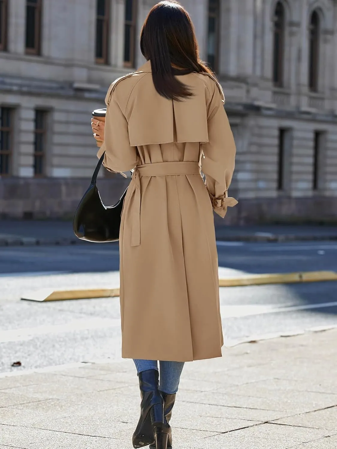 Cicy Bell Womens Long Trench Coat Double Breasted Classic Lapel Fall Overcoat with Belt