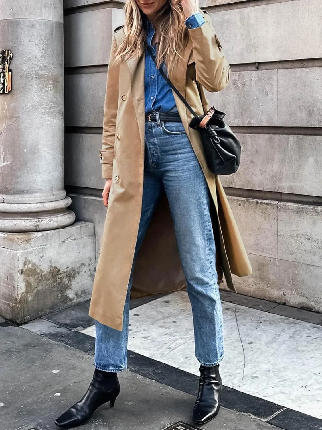 Cicy Bell Womens Long Trench Coat Double Breasted Classic Lapel Fall Overcoat with Belt