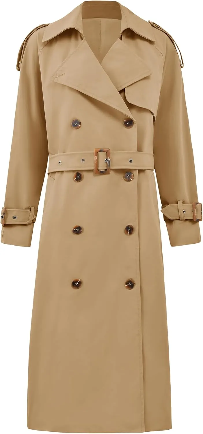 Cicy Bell Womens Long Trench Coat Double Breasted Classic Lapel Fall Overcoat with Belt