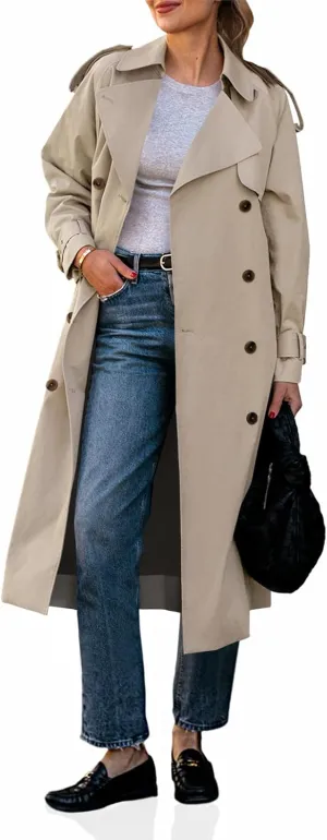 Cicy Bell Womens Long Trench Coat Double Breasted Classic Lapel Fall Overcoat with Belt