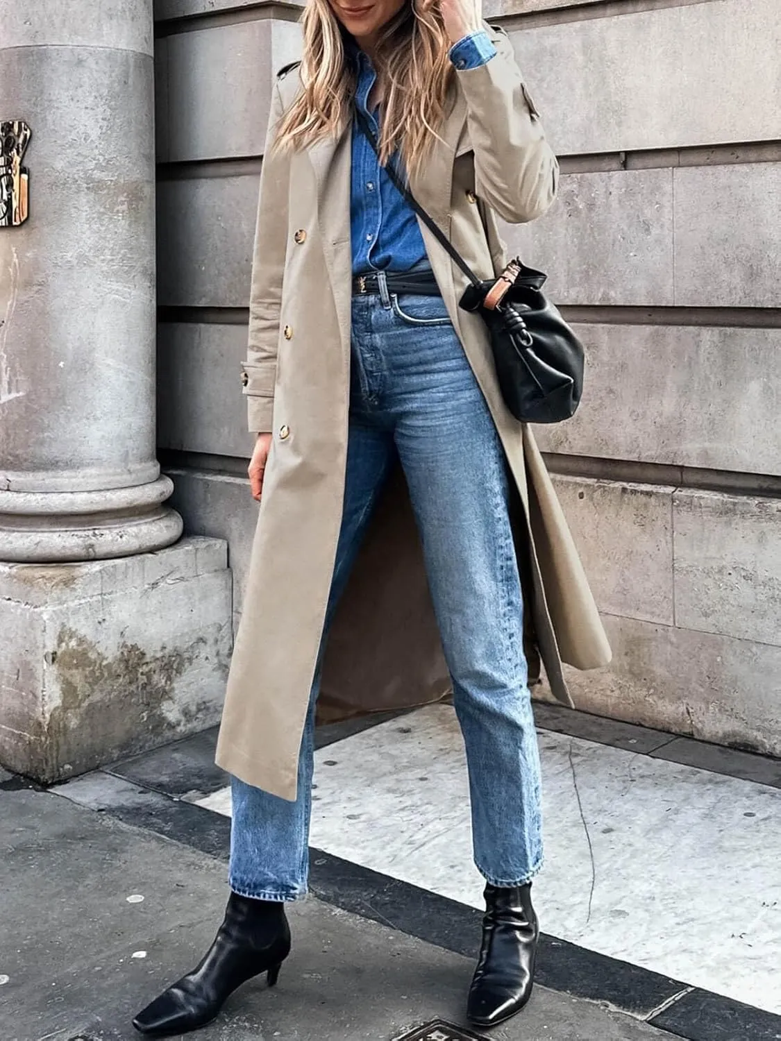 Cicy Bell Womens Long Trench Coat Double Breasted Classic Lapel Fall Overcoat with Belt