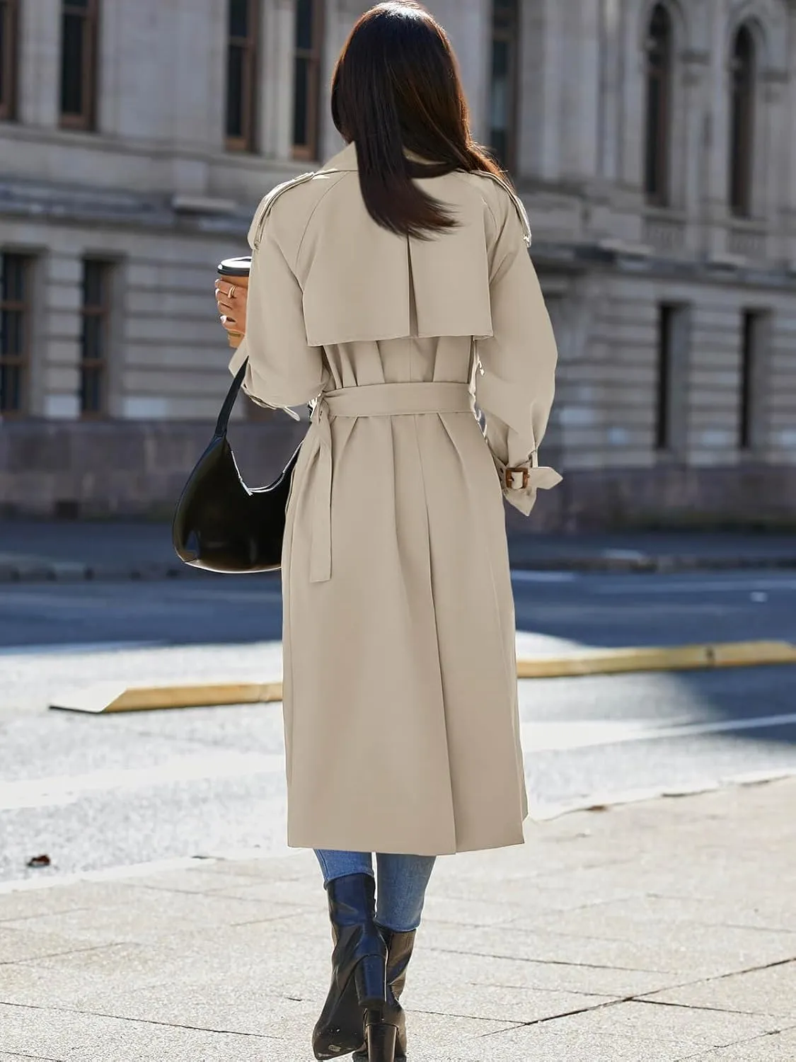 Cicy Bell Womens Long Trench Coat Double Breasted Classic Lapel Fall Overcoat with Belt