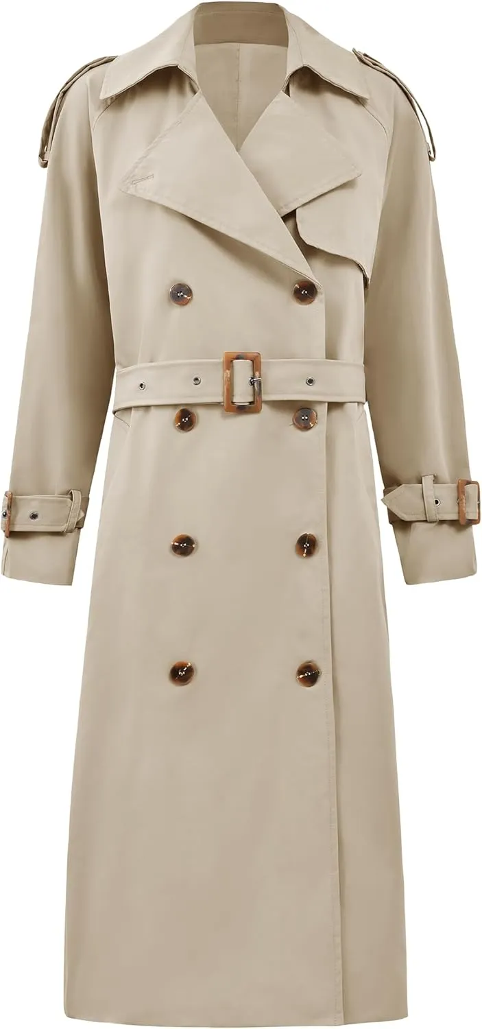 Cicy Bell Womens Long Trench Coat Double Breasted Classic Lapel Fall Overcoat with Belt