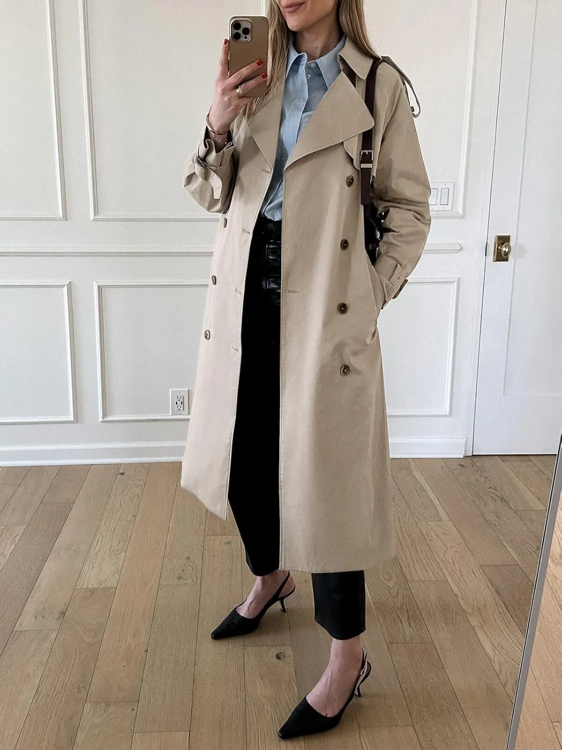 Cicy Bell Womens Long Trench Coat Double Breasted Classic Lapel Fall Overcoat with Belt