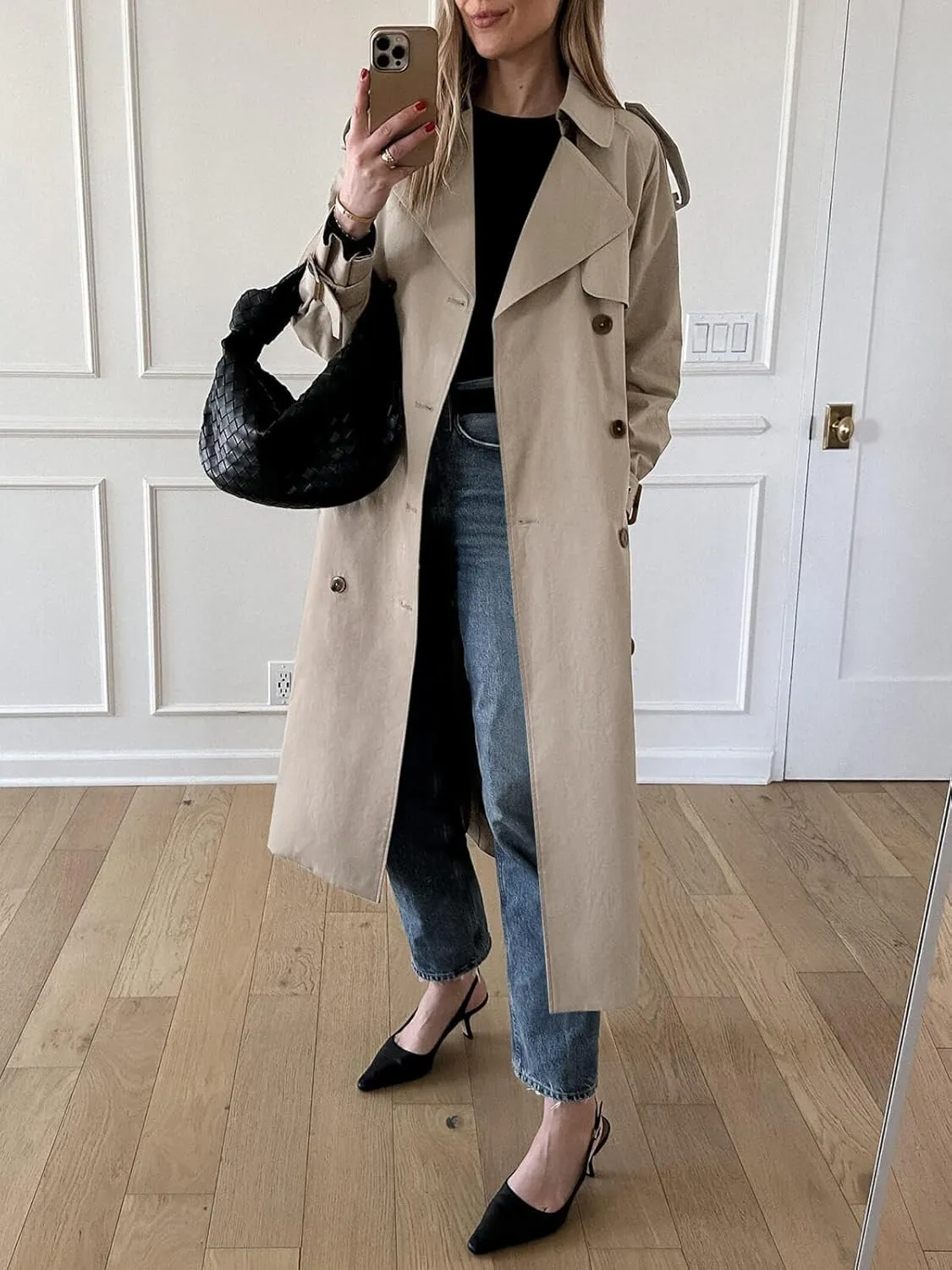 Cicy Bell Womens Long Trench Coat Double Breasted Classic Lapel Fall Overcoat with Belt