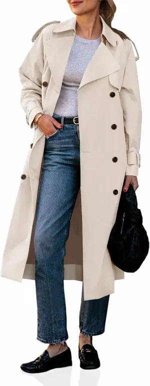 Cicy Bell Womens Long Trench Coat Double Breasted Classic Lapel Fall Overcoat with Belt