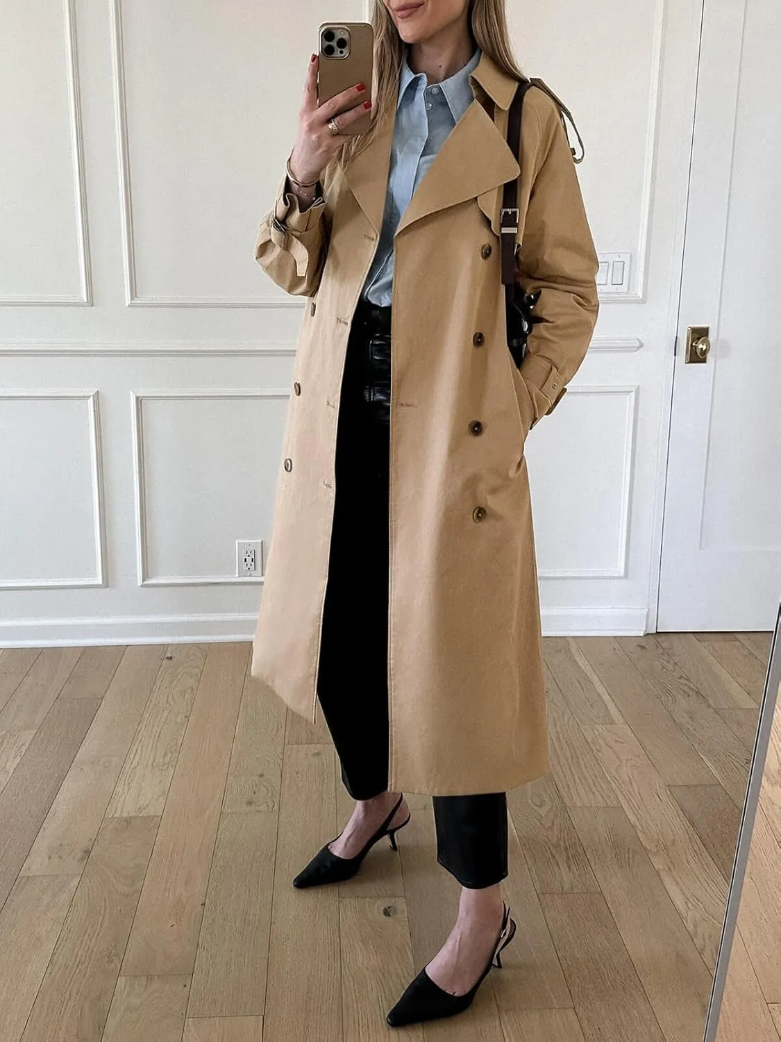 Cicy Bell Womens Long Trench Coat Double Breasted Classic Lapel Fall Overcoat with Belt