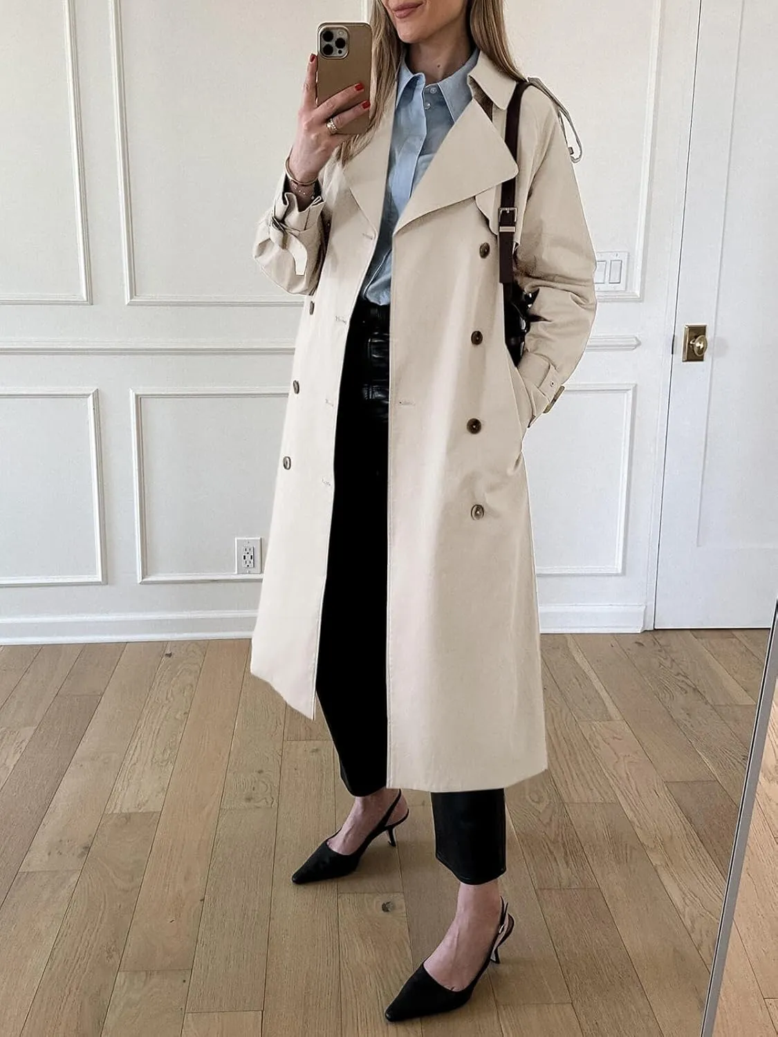 Cicy Bell Womens Long Trench Coat Double Breasted Classic Lapel Fall Overcoat with Belt