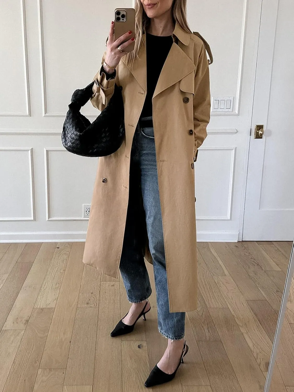 Cicy Bell Womens Long Trench Coat Double Breasted Classic Lapel Fall Overcoat with Belt