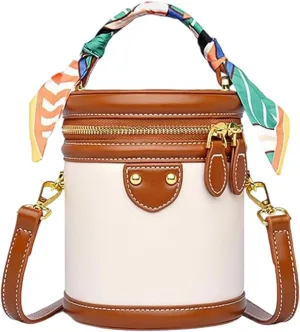 Colorblock Bucket Bag For Women, New Leather Fashion Versatile Colorblock Cylinder Bag, Crossbody, Texture, Casual