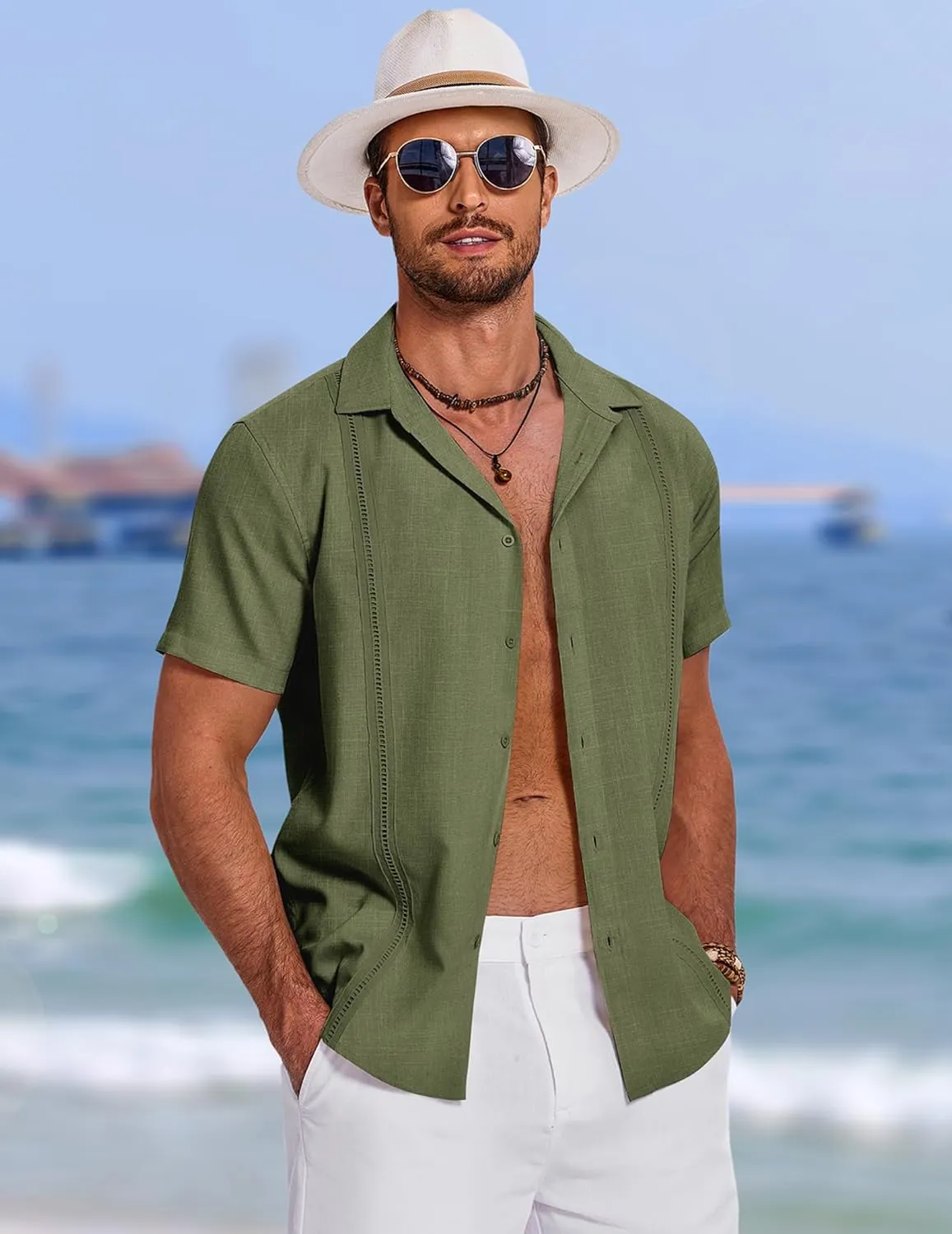 COOFANDY Men's Cuban Guayabera Summer Beach Short Sleeve Casual Vacation Wedding Shirt