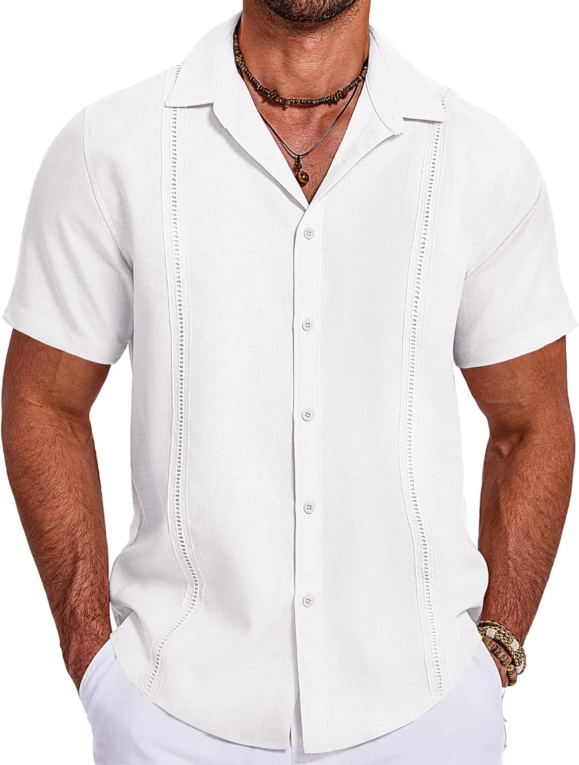 COOFANDY Men's Cuban Guayabera Summer Beach Short Sleeve Casual Vacation Wedding Shirt