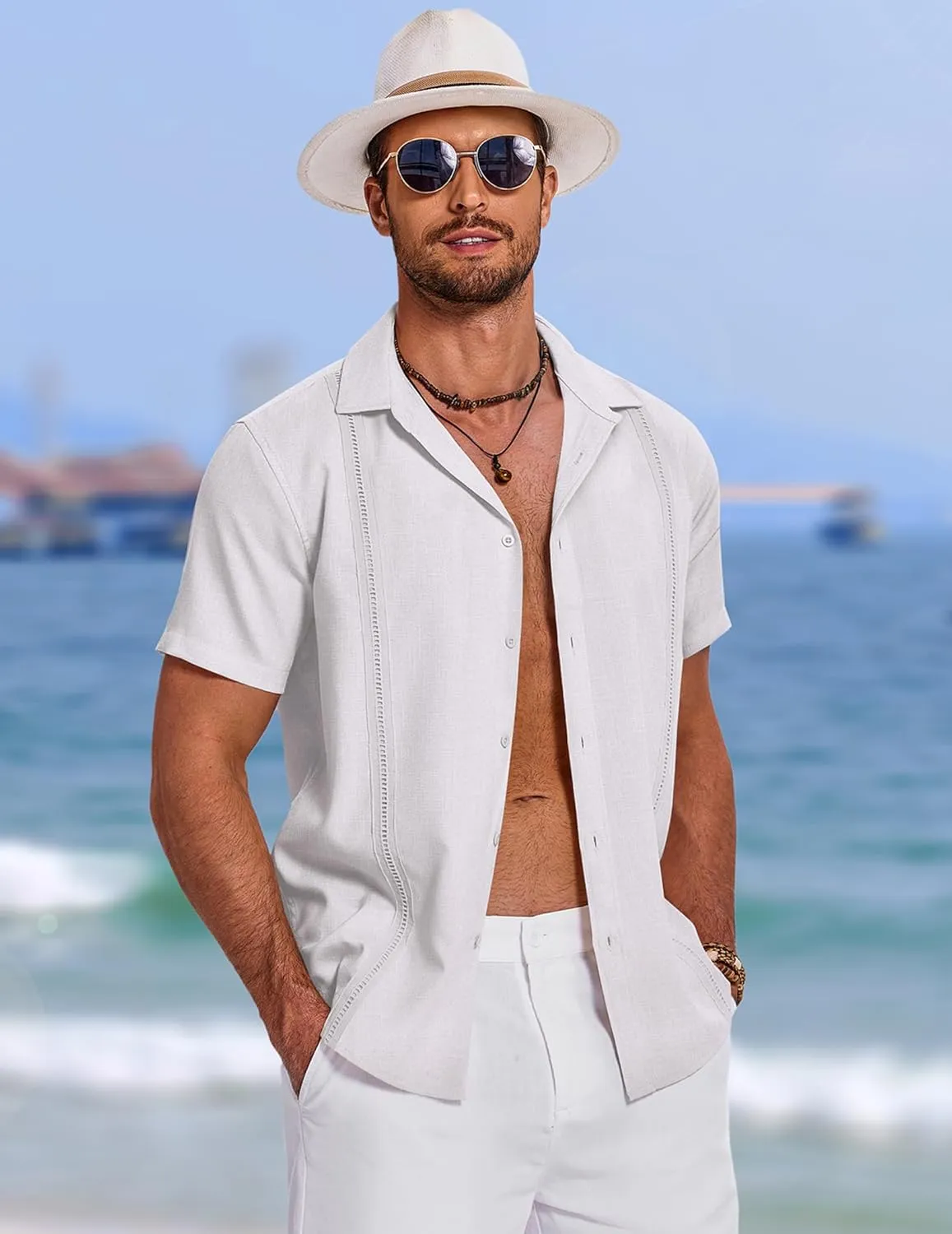 COOFANDY Men's Cuban Guayabera Summer Beach Short Sleeve Casual Vacation Wedding Shirt