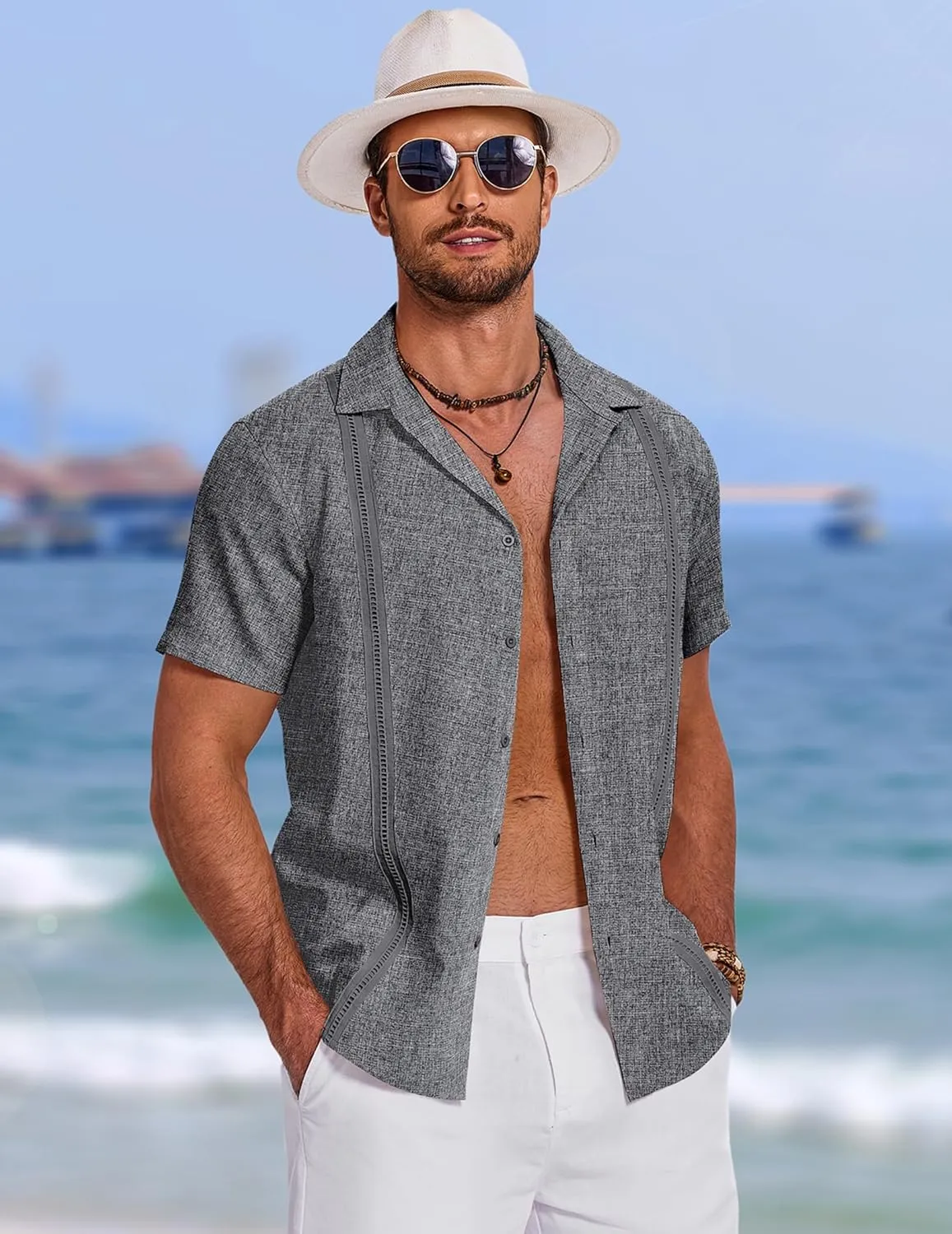 COOFANDY Men's Cuban Guayabera Summer Beach Short Sleeve Casual Vacation Wedding Shirt