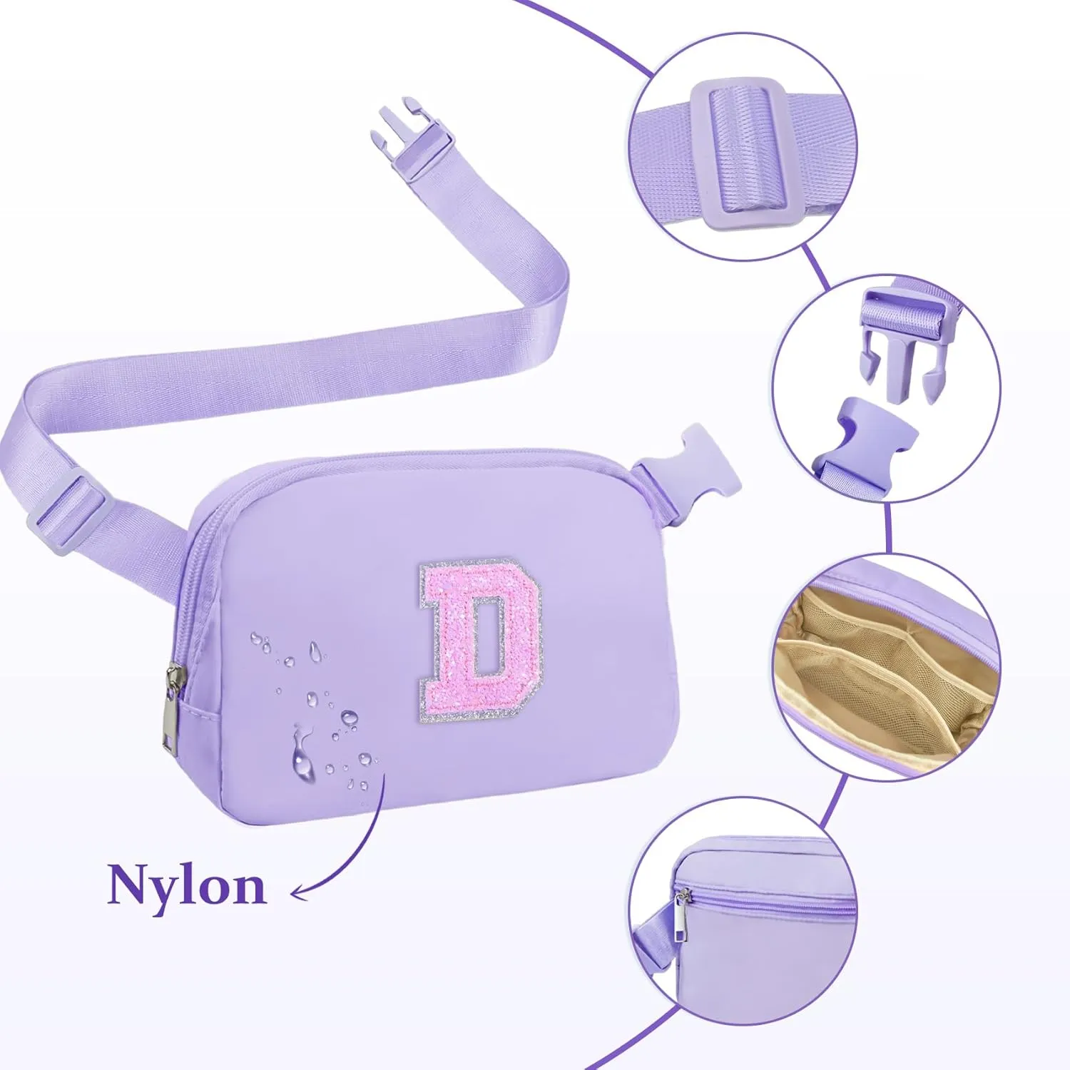 COSHAYSOO Letter Belt Bag Crossbody Initial Fanny Waist Pack Small Cross Body Purse Waterproof Lightweight for Teen Girls Women Traveling Cute Practical Birthday Easter Christmas Gift Purple D