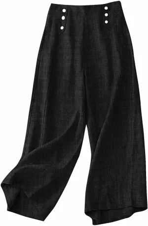 Cotton Linen Pant for Women Summer Casual Wide Leg High Waisted Trouser Drawstring Elastic Waist Pants with Pockets