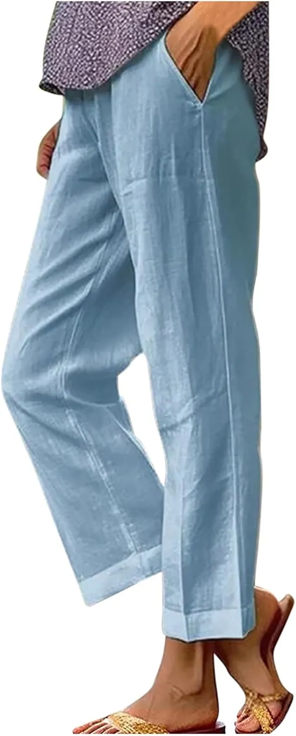 Cotton Linen Pants Women Summer Elastic Waist Crop Pants with Pocket Plus Size Straight Leg Slack Casual Trouser