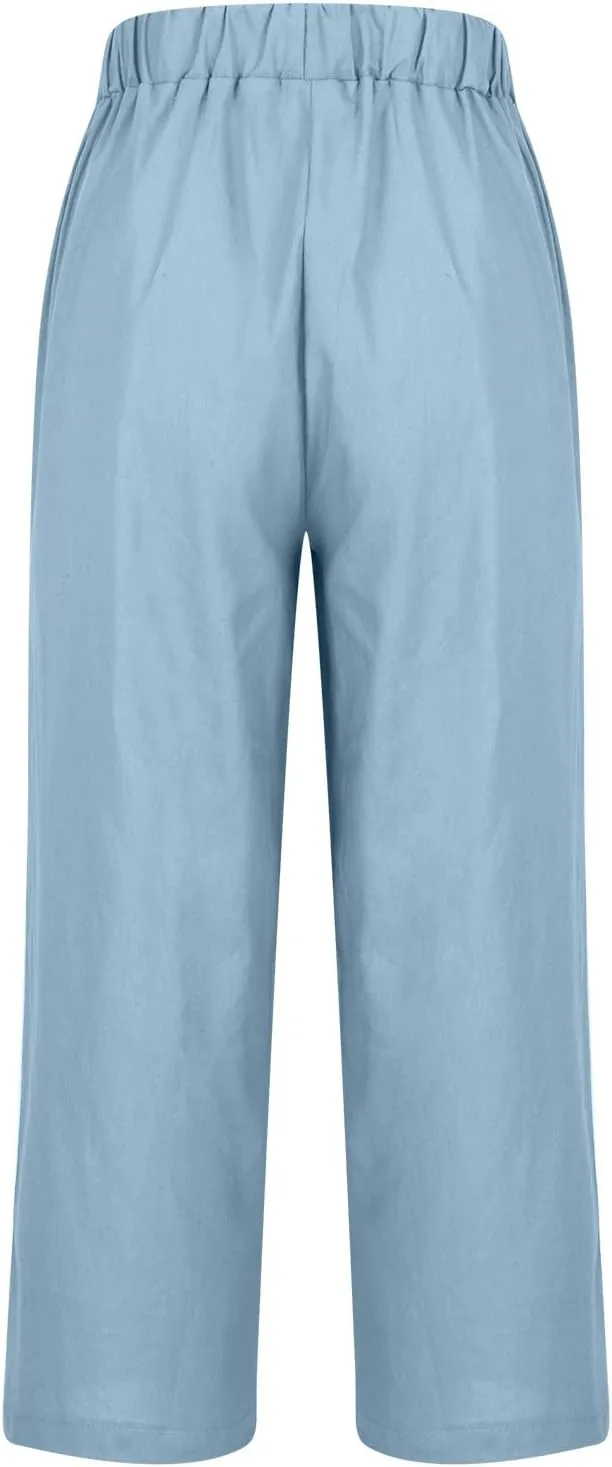 Cotton Linen Pants Women Summer Elastic Waist Crop Pants with Pocket Plus Size Straight Leg Slack Casual Trouser