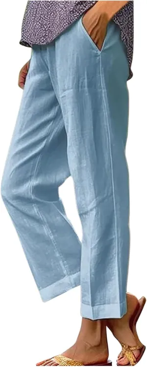 Cotton Linen Pants Women Summer Elastic Waist Crop Pants with Pocket Plus Size Straight Leg Slack Casual Trouser
