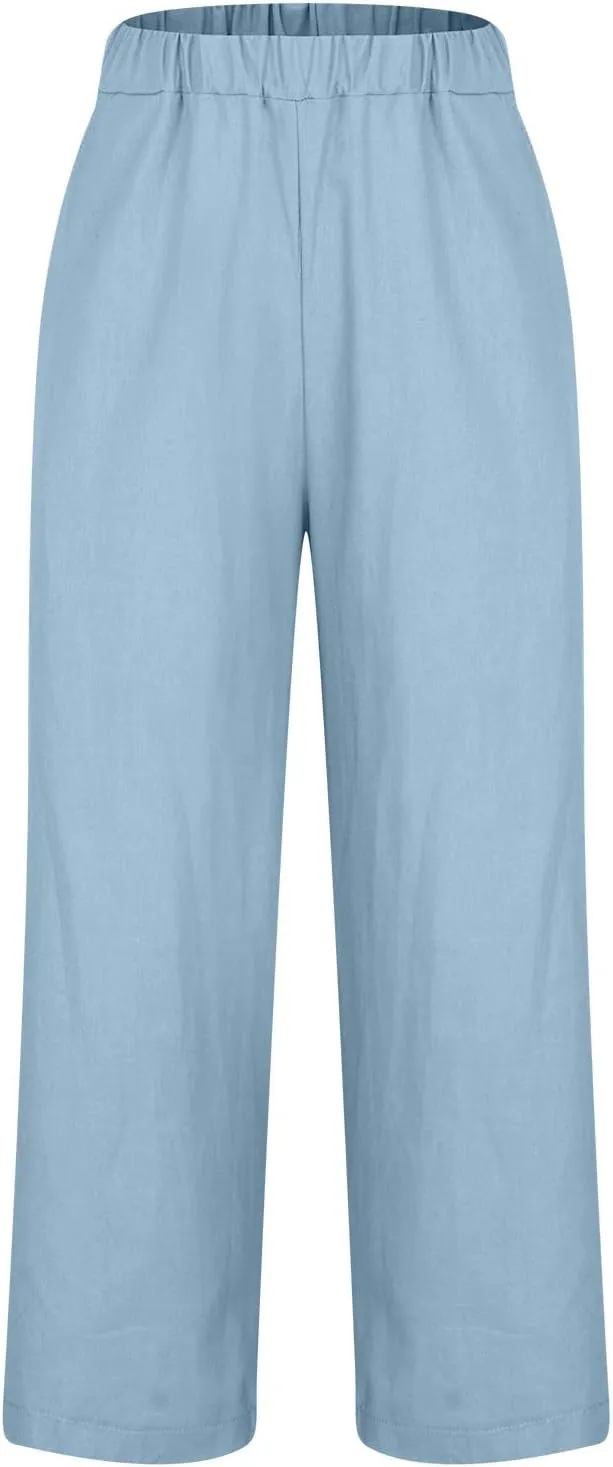 Cotton Linen Pants Women Summer Elastic Waist Crop Pants with Pocket Plus Size Straight Leg Slack Casual Trouser