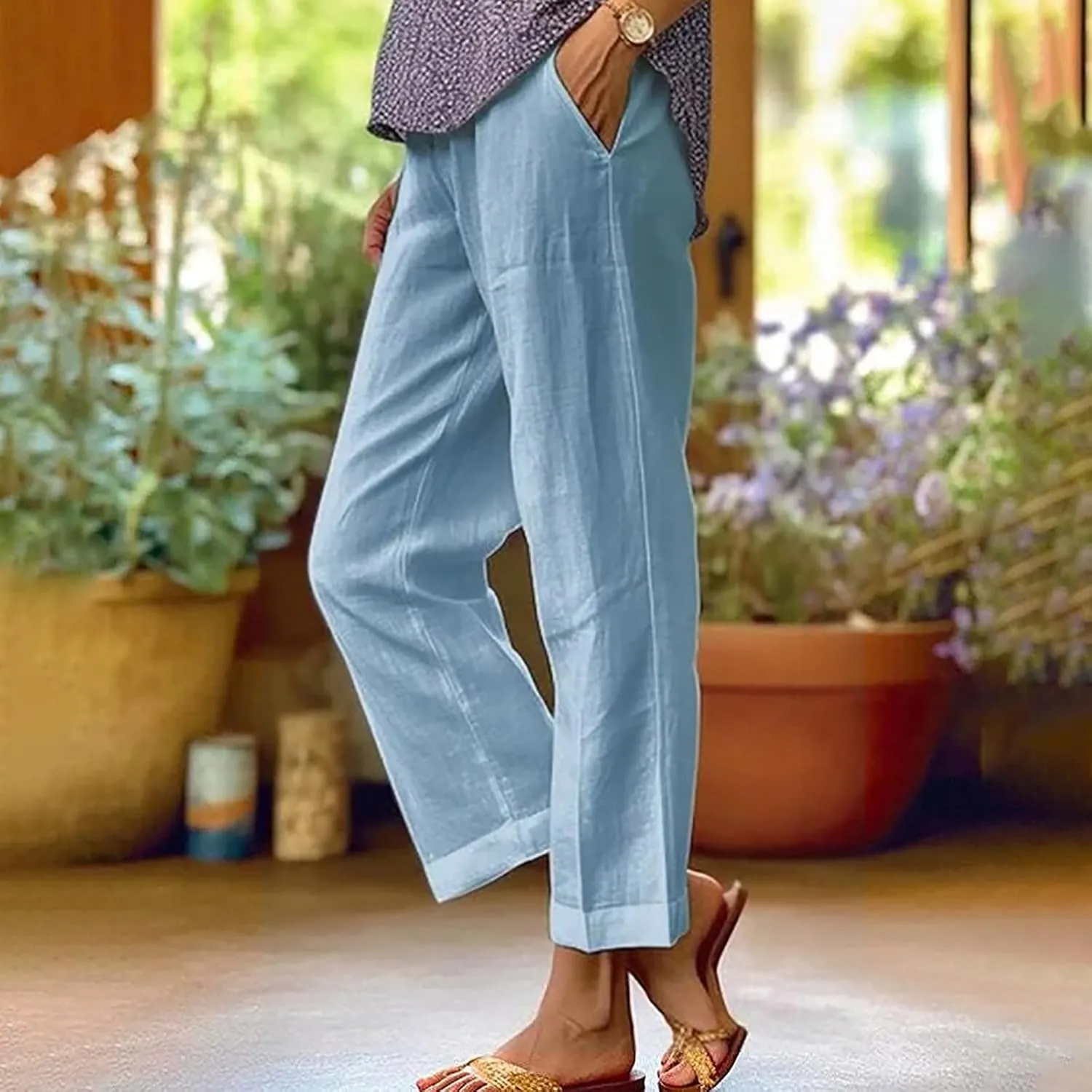 Cotton Linen Pants Women Summer Elastic Waist Crop Pants with Pocket Plus Size Straight Leg Slack Casual Trouser