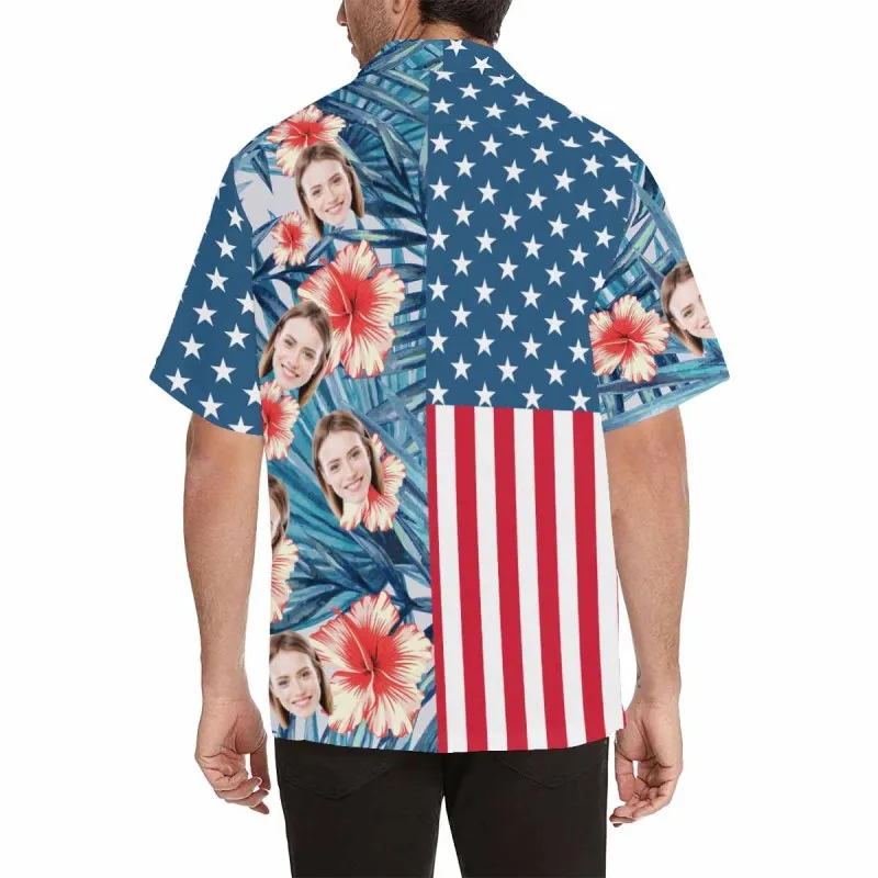 Custom Hawaiian Shirts with Girlfriend Face Flowers USA Flag Aloha Shirt Birthday Vacation Party Gift for Him