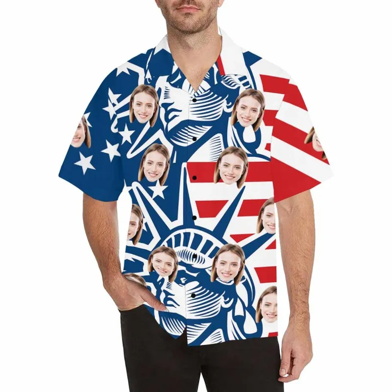 Custom Hawaiian Shirts with Girlfriend Face Flowers USA Flag Aloha Shirt Birthday Vacation Party Gift for Him